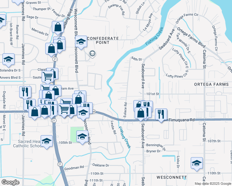 map of restaurants, bars, coffee shops, grocery stores, and more near 5174 Eulace Road in Jacksonville