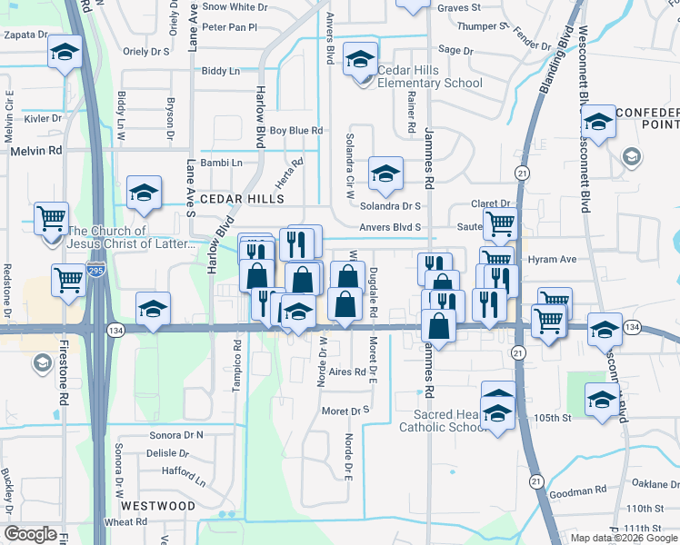 map of restaurants, bars, coffee shops, grocery stores, and more near 5205 Batley Road in Jacksonville