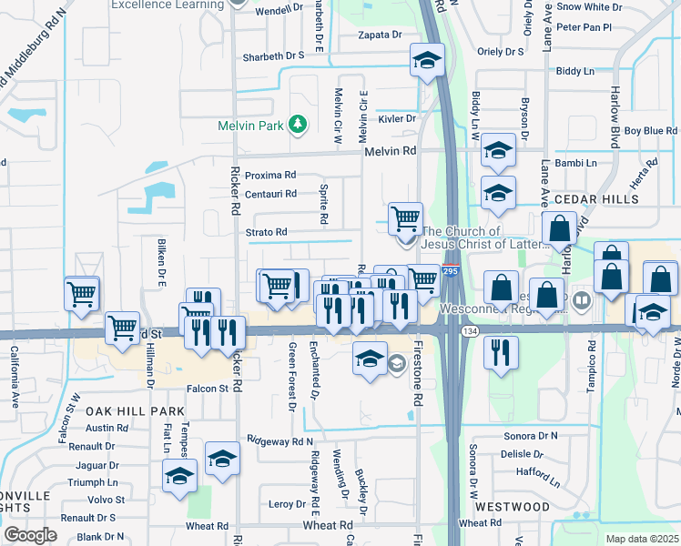 map of restaurants, bars, coffee shops, grocery stores, and more near 5202 La Ventura Drive East in Jacksonville