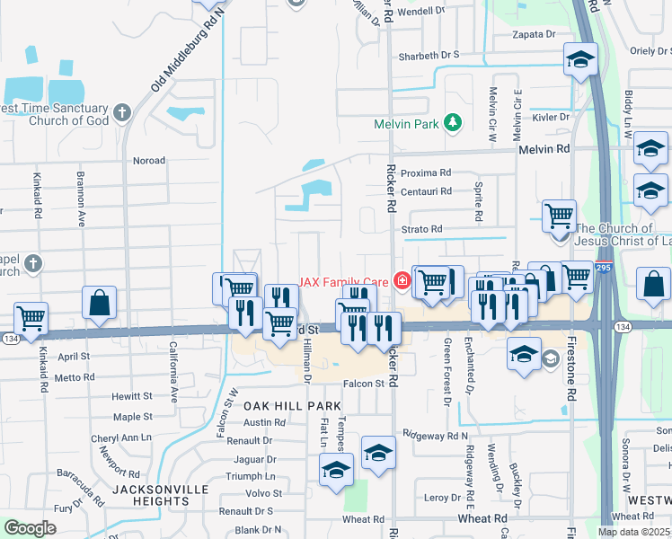 map of restaurants, bars, coffee shops, grocery stores, and more near 5131 Westchase Court in Jacksonville