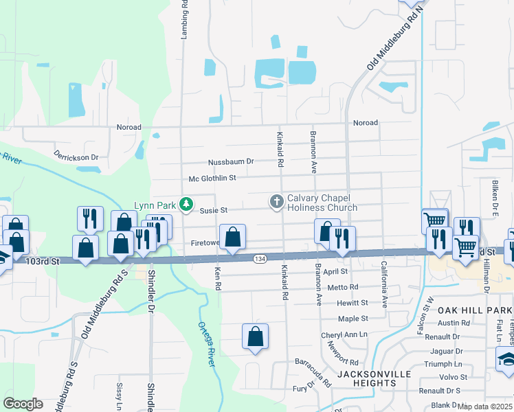 map of restaurants, bars, coffee shops, grocery stores, and more near 8507 Susie Street in Jacksonville
