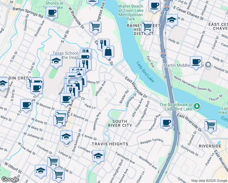 map of restaurants, bars, coffee shops, grocery stores, and more near 1300 Newning Avenue in Austin