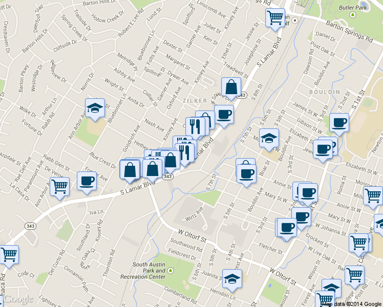 map of restaurants, bars, coffee shops, grocery stores, and more near 1708 South Lamar Boulevard in Austin