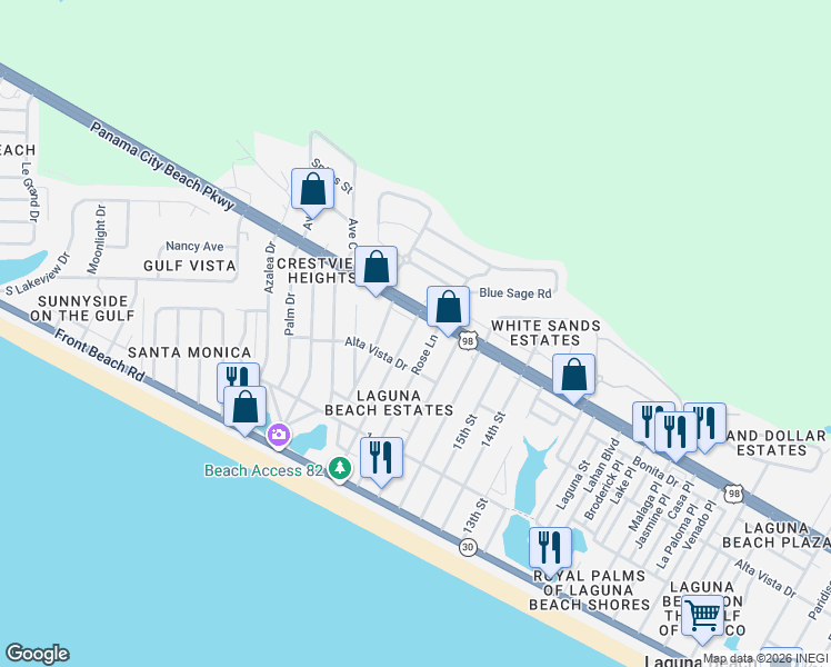 map of restaurants, bars, coffee shops, grocery stores, and more near 324 Oleander Drive in Panama City Beach