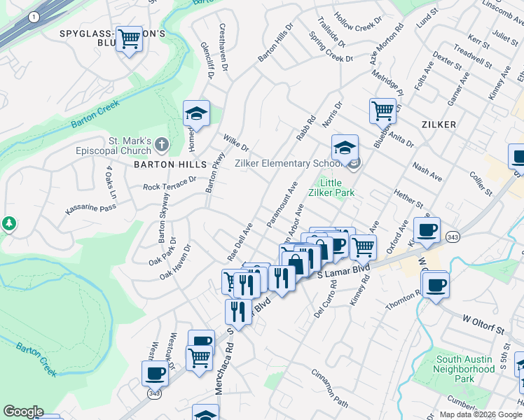 map of restaurants, bars, coffee shops, grocery stores, and more near 2207 Rabb Glen Street in Austin