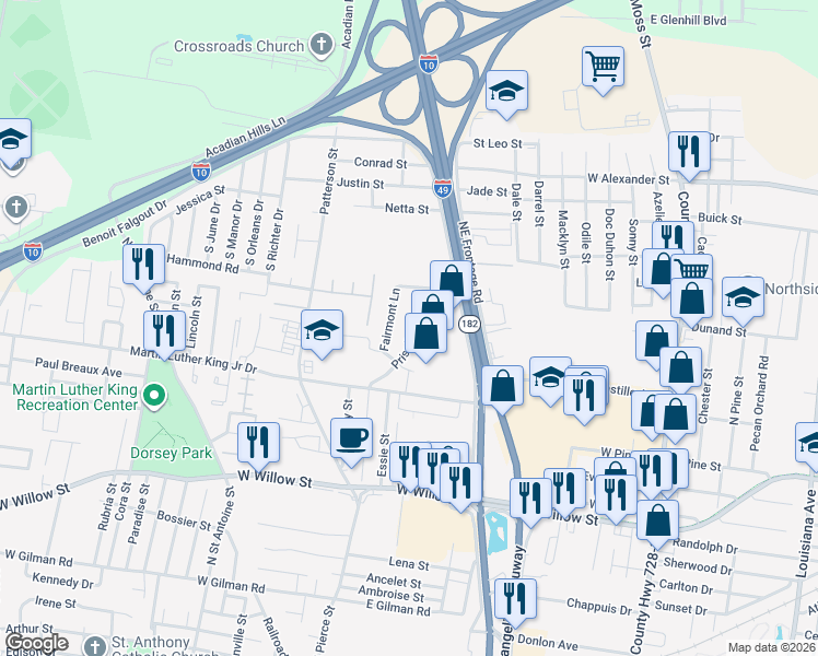 map of restaurants, bars, coffee shops, grocery stores, and more near 907 Priscilla Lane in Lafayette