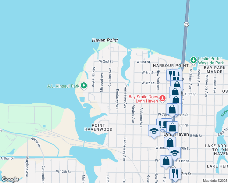map of restaurants, bars, coffee shops, grocery stores, and more near 804 West 5th Street in Lynn Haven