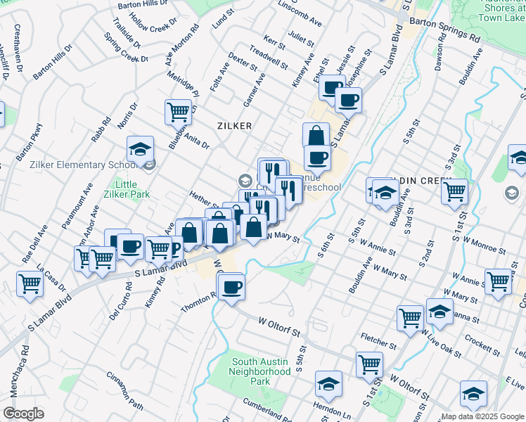 map of restaurants, bars, coffee shops, grocery stores, and more near 1708 South Lamar Boulevard in Austin