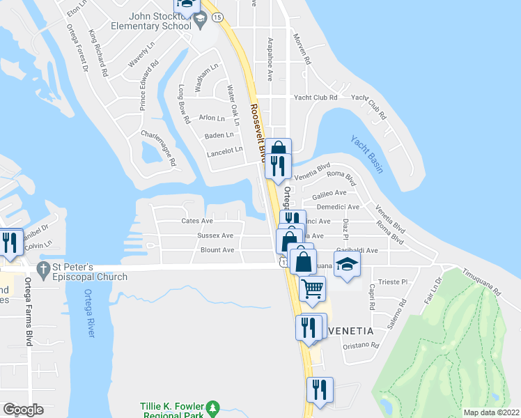 map of restaurants, bars, coffee shops, grocery stores, and more near 5400 Water Oak Lane in Jacksonville