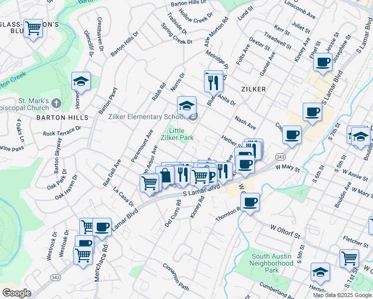 map of restaurants, bars, coffee shops, grocery stores, and more near 1906 Blue Crest Drive in Austin
