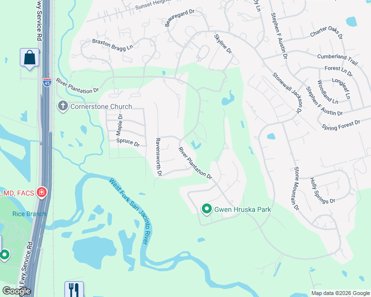 map of restaurants, bars, coffee shops, grocery stores, and more near 547 River Plantation Drive in Conroe