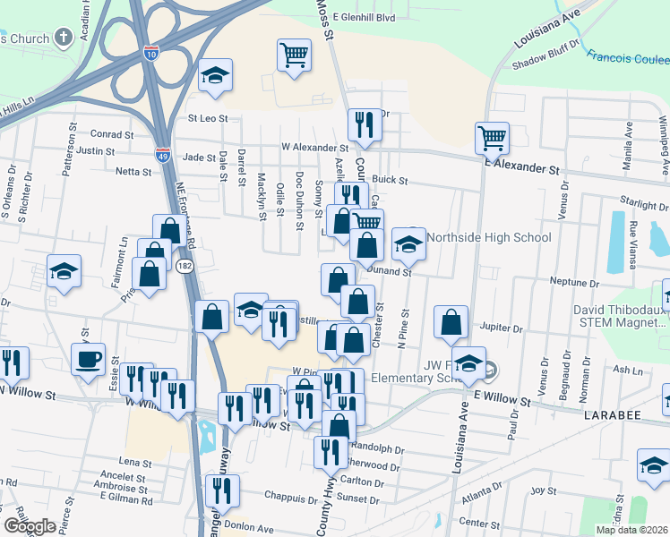 map of restaurants, bars, coffee shops, grocery stores, and more near 114 Nouveau Lane in Lafayette