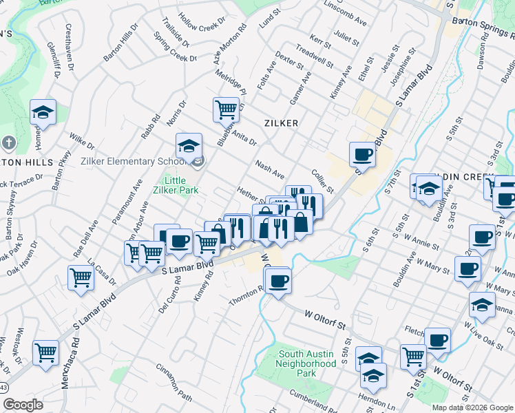 map of restaurants, bars, coffee shops, grocery stores, and more near 2005 Oxford Avenue in Austin