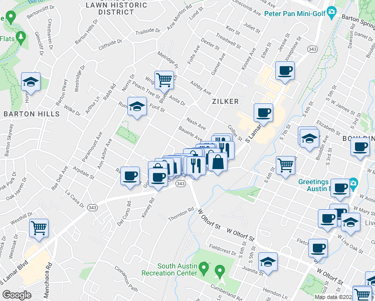 map of restaurants, bars, coffee shops, grocery stores, and more near 1605 Hether Street in Austin