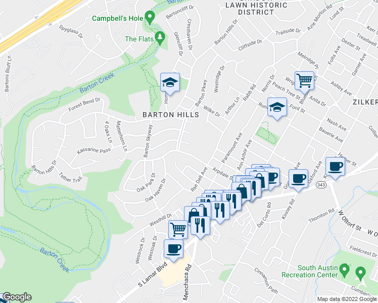map of restaurants, bars, coffee shops, grocery stores, and more near 2402 Arpdale Street in Austin