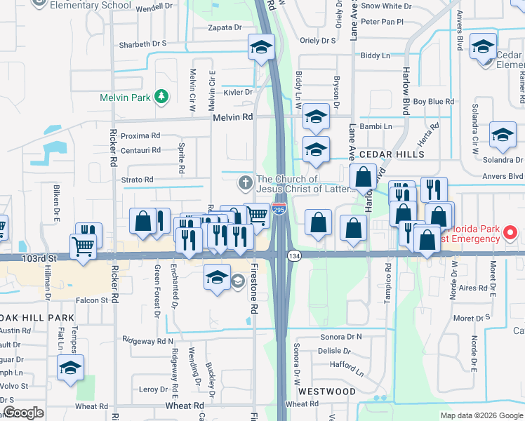 map of restaurants, bars, coffee shops, grocery stores, and more near 7165 Salk Avenue in Jacksonville