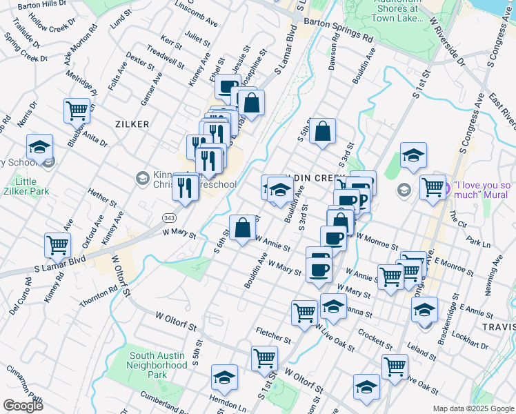 map of restaurants, bars, coffee shops, grocery stores, and more near 906 West Milton Street in Austin