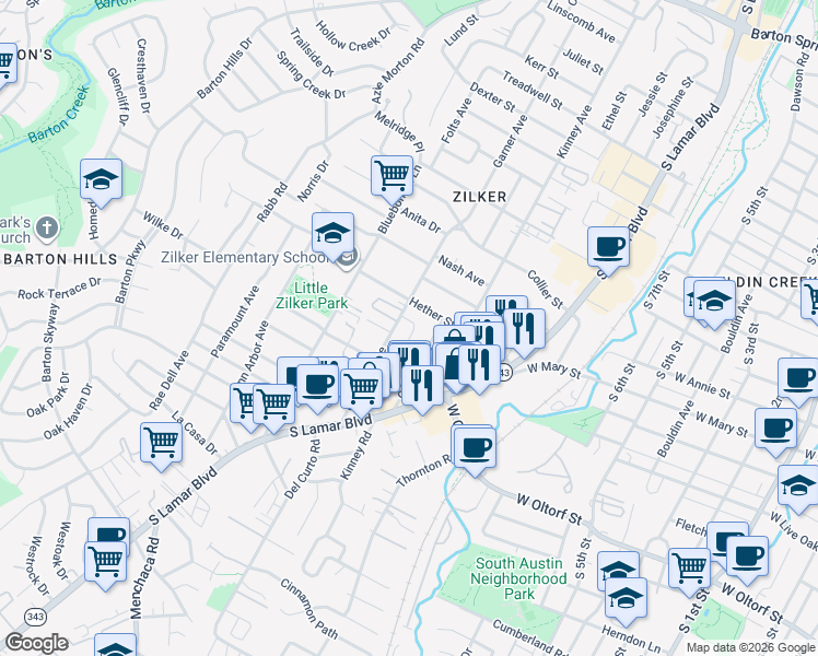 map of restaurants, bars, coffee shops, grocery stores, and more near 1715 Valeria Street in Austin