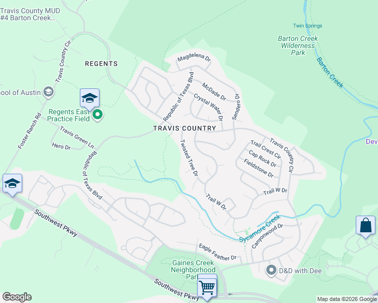 map of restaurants, bars, coffee shops, grocery stores, and more near 5013 Trail West Drive in Austin