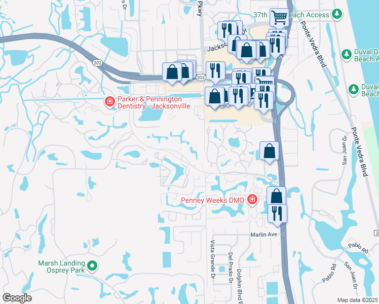 map of restaurants, bars, coffee shops, grocery stores, and more near 38 Ponte Vedra Lakes Boulevard in Ponte Vedra Beach