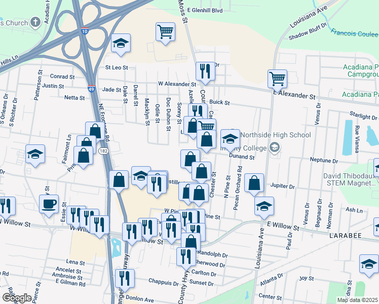 map of restaurants, bars, coffee shops, grocery stores, and more near 114 Nouveau Lane in Lafayette