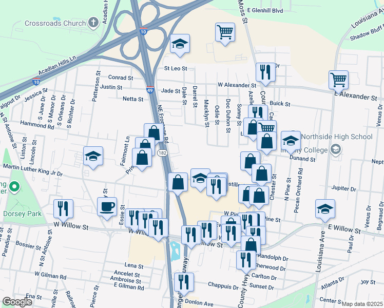 map of restaurants, bars, coffee shops, grocery stores, and more near 2032 Northeast Evangeline Throughway in Lafayette
