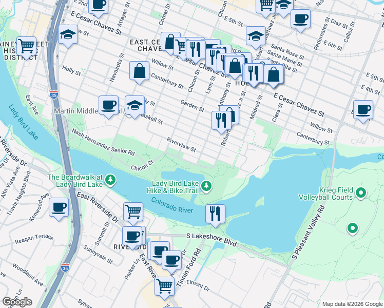 map of restaurants, bars, coffee shops, grocery stores, and more near 36A Anthony Street in Austin