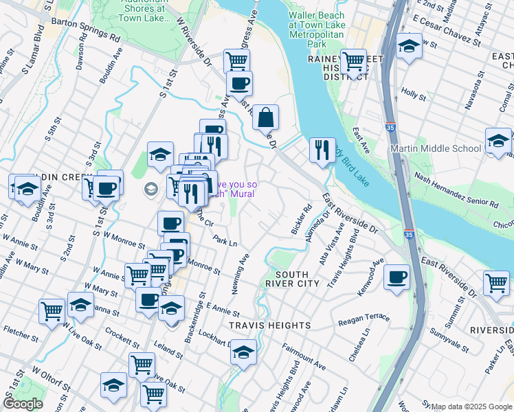 map of restaurants, bars, coffee shops, grocery stores, and more near 1300 Newning Avenue in Austin