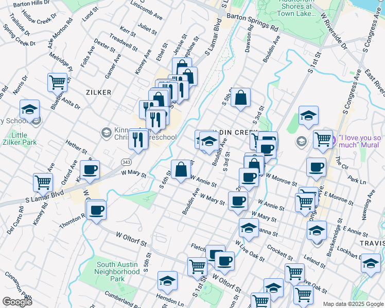 map of restaurants, bars, coffee shops, grocery stores, and more near in Austin