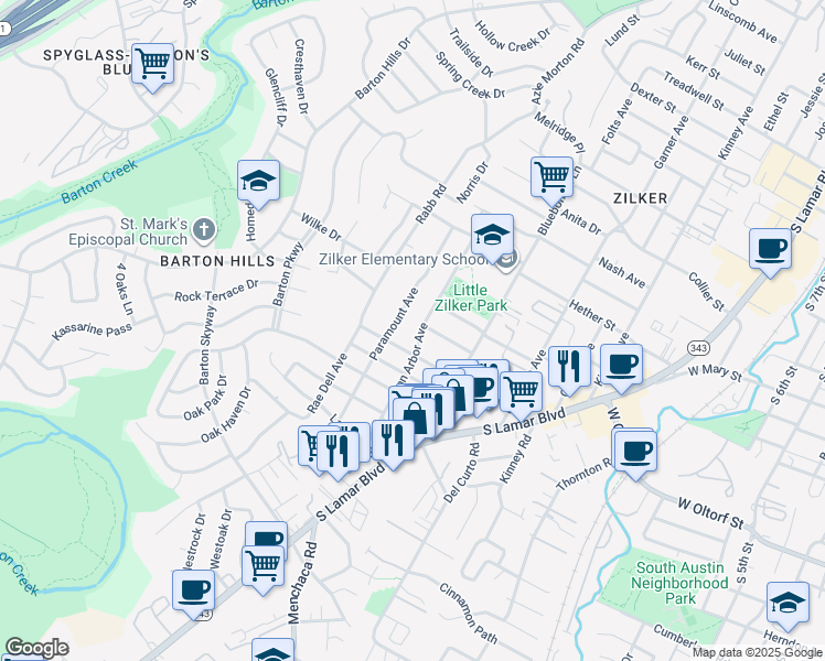 map of restaurants, bars, coffee shops, grocery stores, and more near 2116 Ann Arbor Avenue in Austin