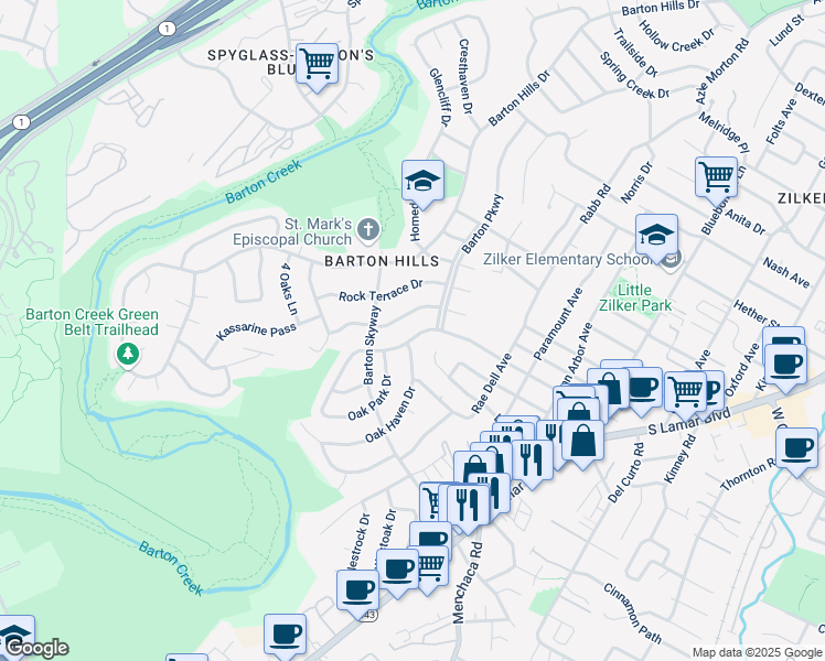 map of restaurants, bars, coffee shops, grocery stores, and more near 2503 Cedarview Drive in Austin