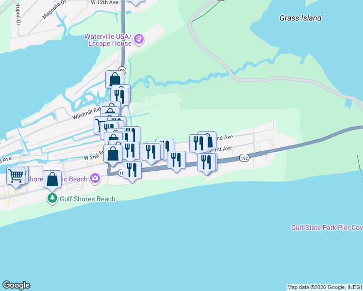 map of restaurants, bars, coffee shops, grocery stores, and more near 323 East 2nd Avenue in Gulf Shores