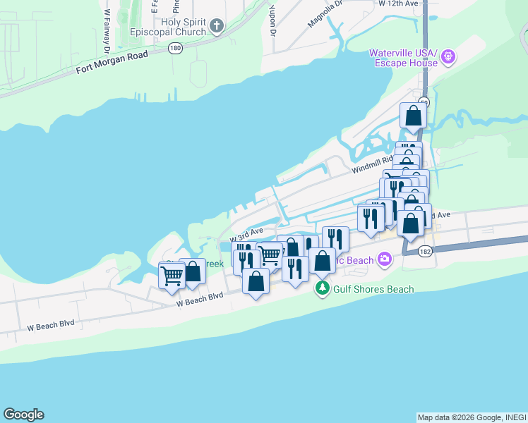map of restaurants, bars, coffee shops, grocery stores, and more near 501 Windmill Ridge Road in Gulf Shores