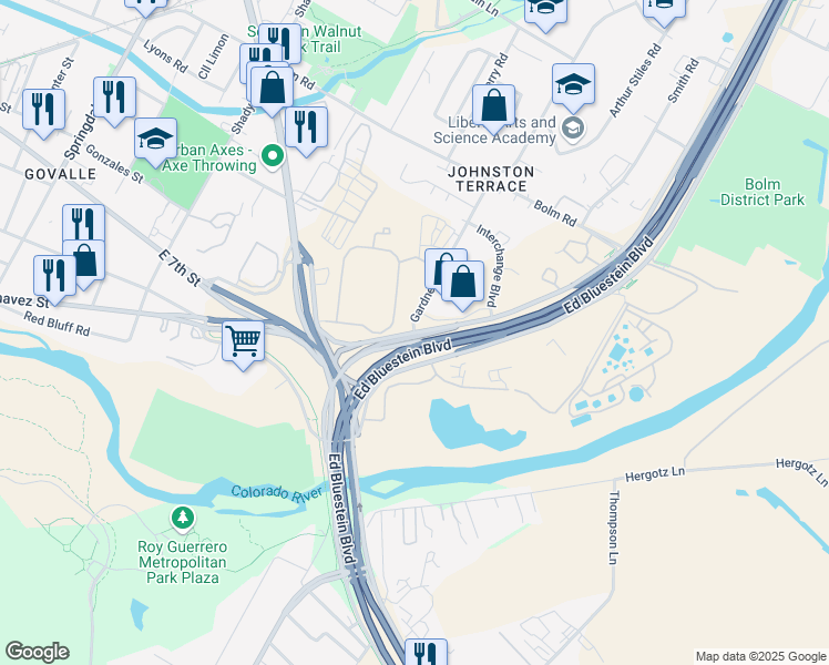 map of restaurants, bars, coffee shops, grocery stores, and more near 701 Gardner Road in Austin