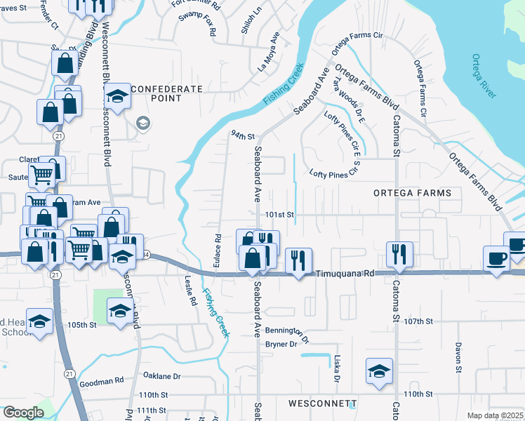 map of restaurants, bars, coffee shops, grocery stores, and more near 5173 Seaboard Avenue in Jacksonville