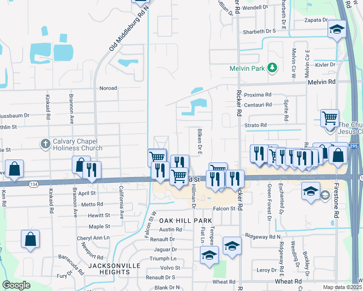 map of restaurants, bars, coffee shops, grocery stores, and more near 5101 Playpen Drive in Jacksonville
