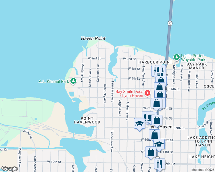map of restaurants, bars, coffee shops, grocery stores, and more near 700 West 5th Street in Lynn Haven