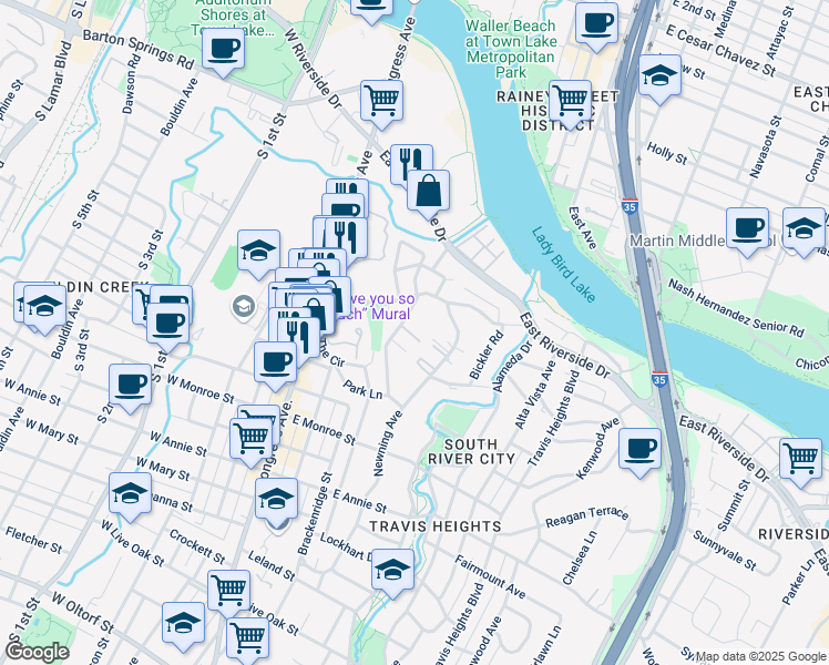 map of restaurants, bars, coffee shops, grocery stores, and more near 1300 Newning Avenue in Austin