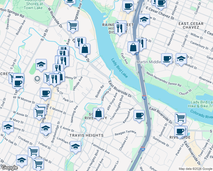 map of restaurants, bars, coffee shops, grocery stores, and more near 605 Academy Drive in Austin