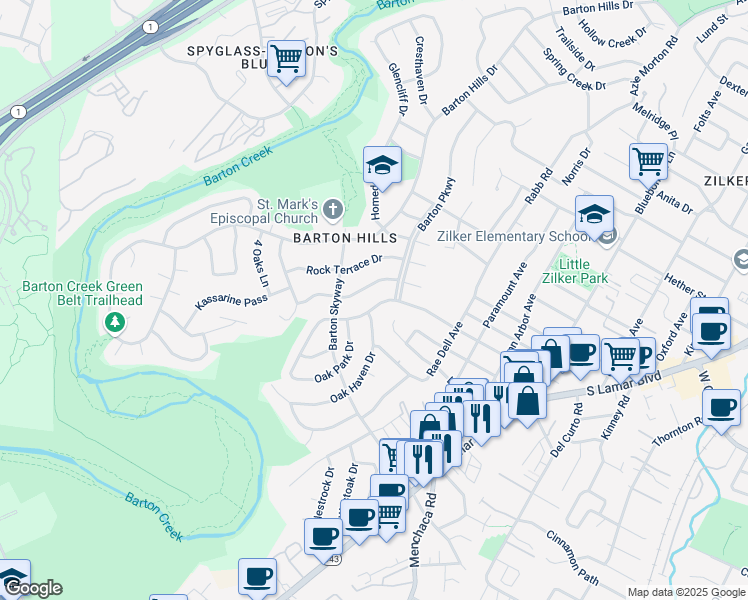 map of restaurants, bars, coffee shops, grocery stores, and more near 2506 Cedarview Drive in Austin