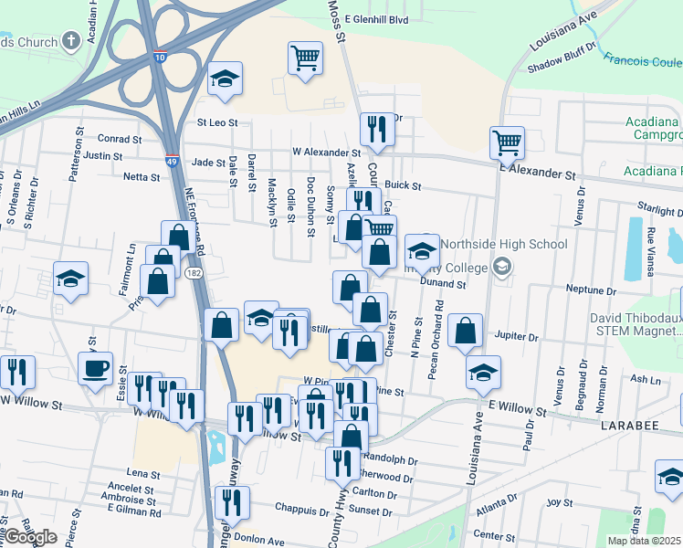 map of restaurants, bars, coffee shops, grocery stores, and more near 114 Nouveau Lane in Lafayette
