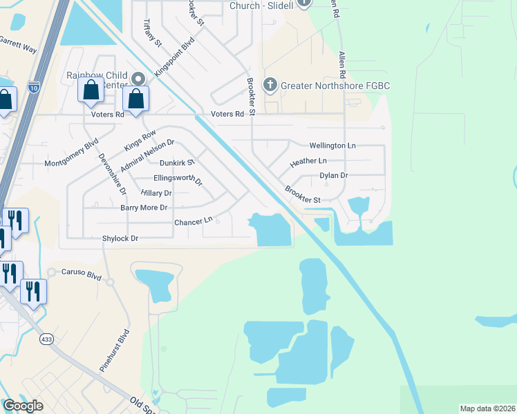 map of restaurants, bars, coffee shops, grocery stores, and more near 1910 Kings Row in Slidell
