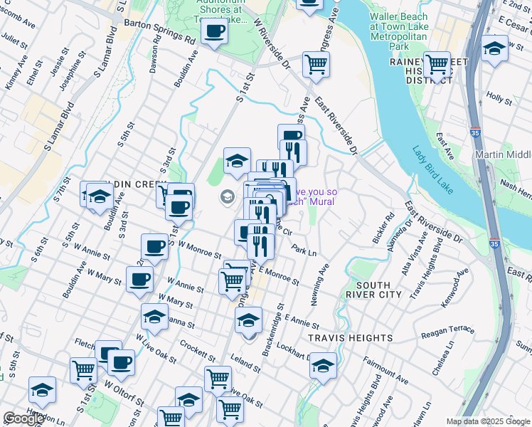 map of restaurants, bars, coffee shops, grocery stores, and more near 1316 South Congress Avenue in Austin