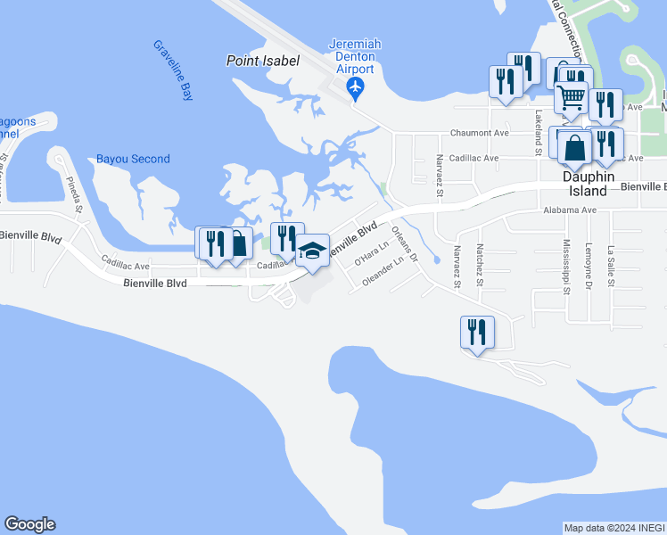 map of restaurants, bars, coffee shops, grocery stores, and more near 173 Pequeno St in Dauphin Island