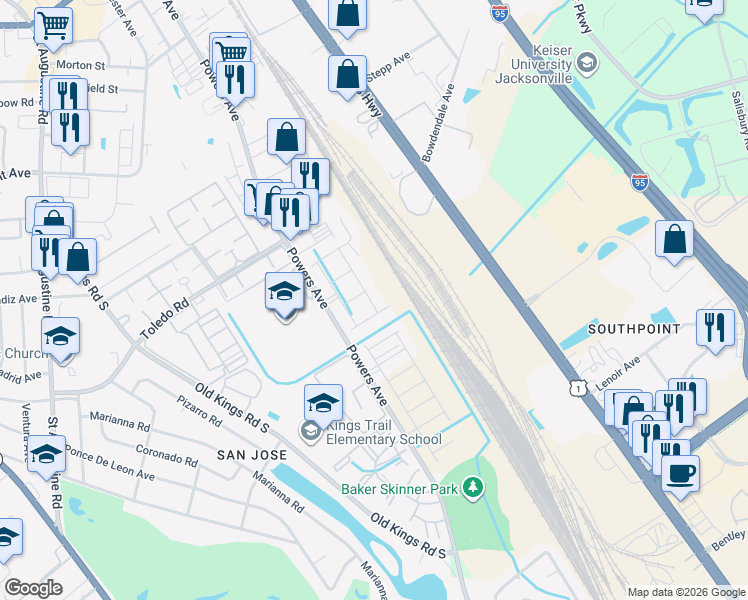map of restaurants, bars, coffee shops, grocery stores, and more near 6543-6799 Powers Avenue in Jacksonville