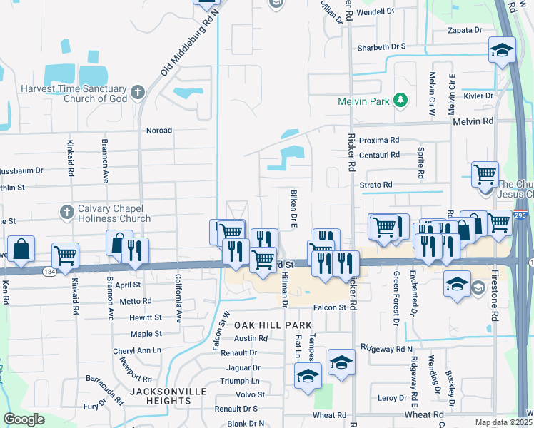 map of restaurants, bars, coffee shops, grocery stores, and more near 5101 Playpen Drive in Jacksonville