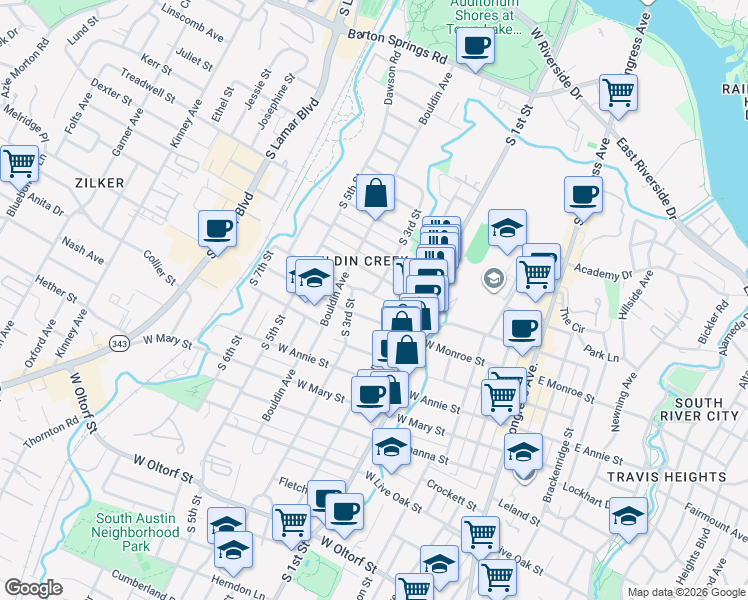 map of restaurants, bars, coffee shops, grocery stores, and more near 711 Jewell Street in Austin