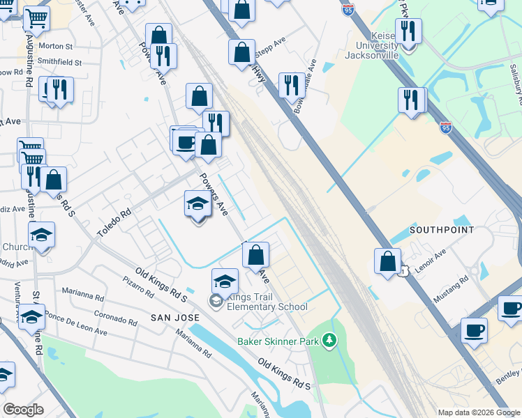 map of restaurants, bars, coffee shops, grocery stores, and more near 6543-6799 Powers Avenue in Jacksonville