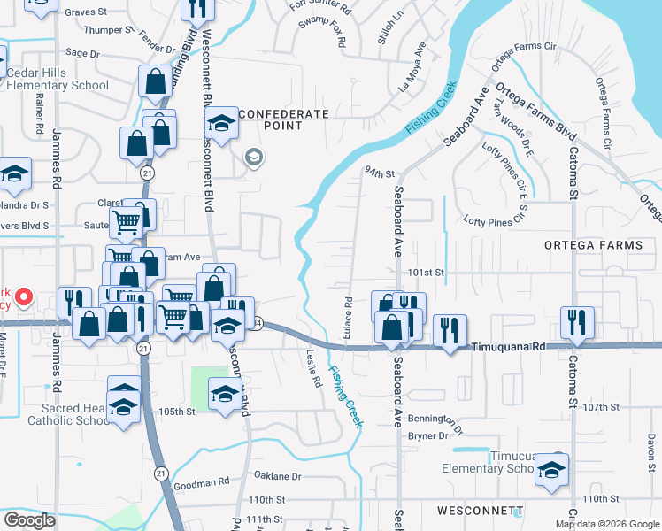 map of restaurants, bars, coffee shops, grocery stores, and more near 5200 Eulace Road in Jacksonville