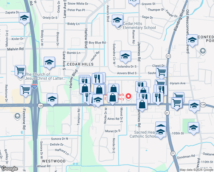 map of restaurants, bars, coffee shops, grocery stores, and more near 5205 Batley Road in Jacksonville